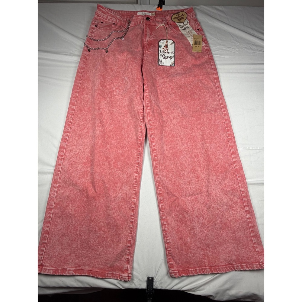 Weekend Gypsy Pink Acid Wash Wide Leg Jeans Mid Rise With Chain Size 15 NWT